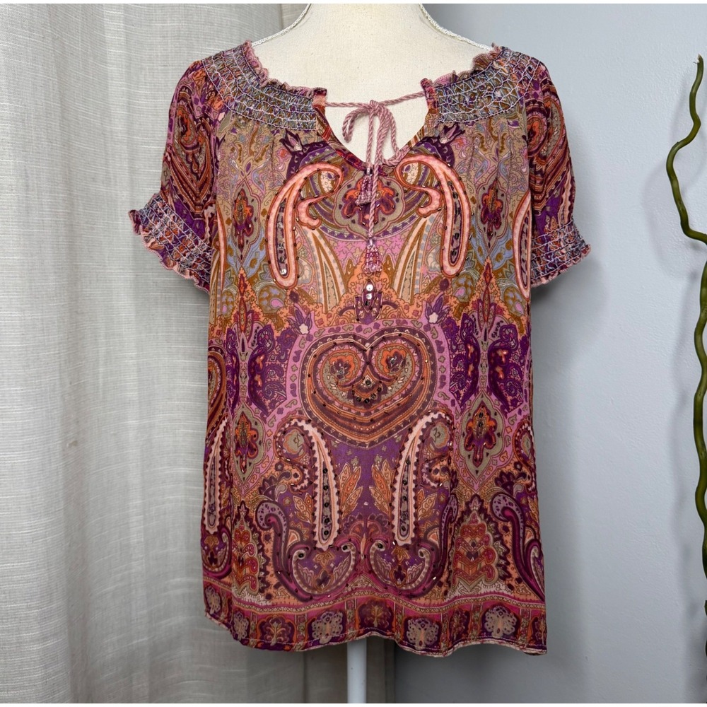 Bila Peasant Top Paisley Beaded Sequin Boho Bohemian Scoop Neck Women's Size S